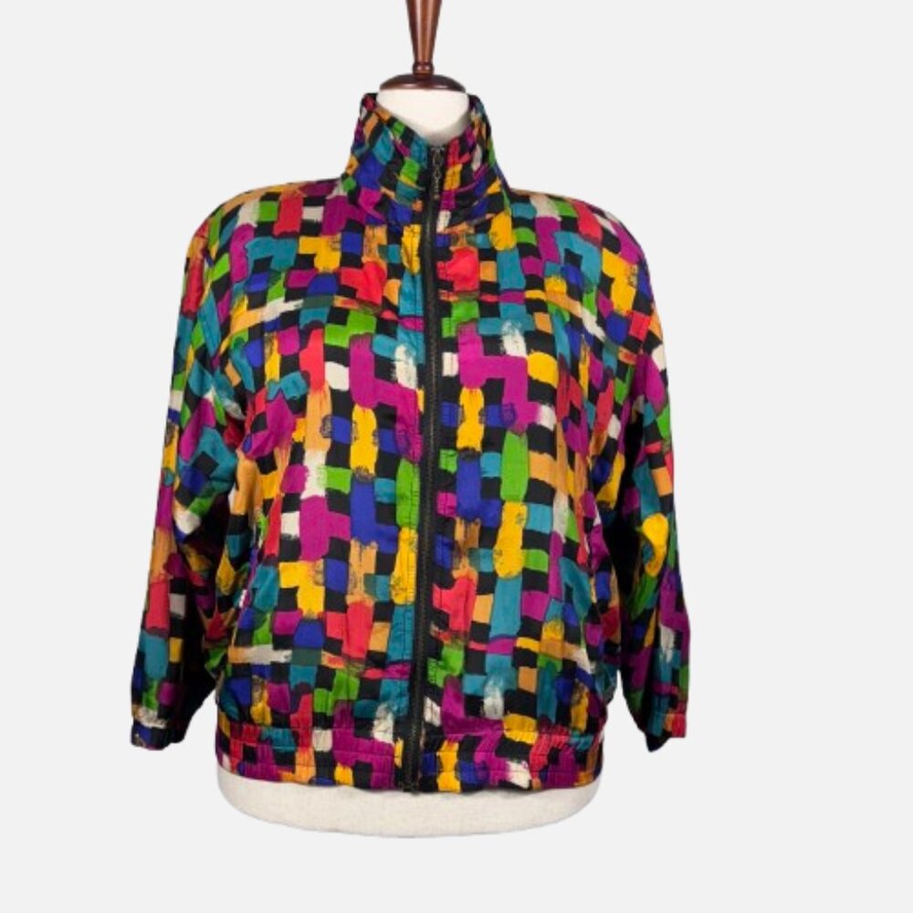 VTG Activology Silk Rainbow Plaid Front Zip Jacket Bomber Windbreaker (Size L)